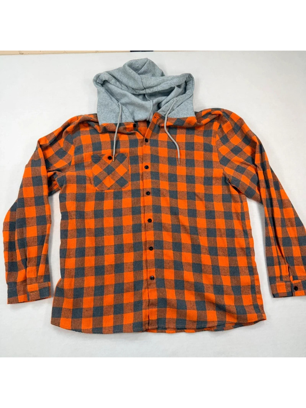 Mens Hooded Flannel Shirt XXL Orange Gray Buffalo Plaid Button Down Shacket
